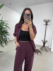 Art 4007 Bel Büzgülü Kısa Kollu Tensel Mürdüm Takım