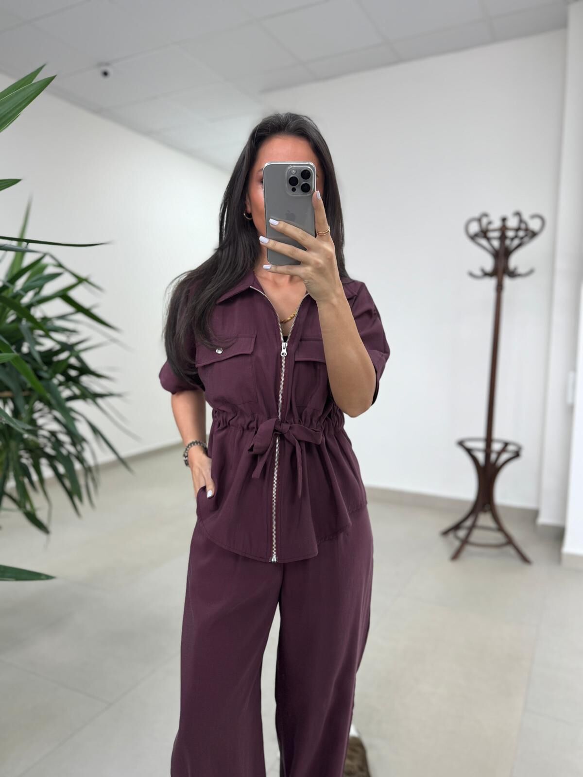 Art 4007 Bel Büzgülü Kısa Kollu Tensel Mürdüm Takım