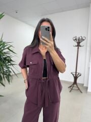 Art 4007 Bel Büzgülü Kısa Kollu Tensel Mürdüm Takım