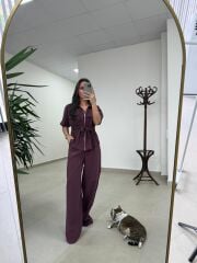 Art 4007 Bel Büzgülü Kısa Kollu Tensel Mürdüm Takım