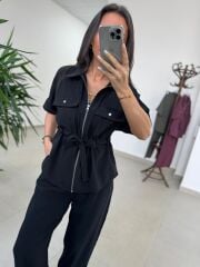 Art 4007 Bel Büzgülü Kısa Kollu Tensel Siyah Takım