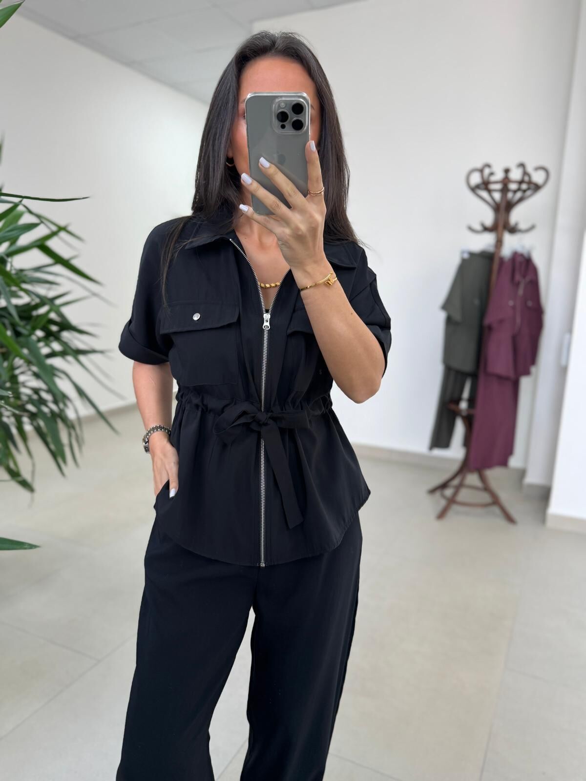 Art 4007 Bel Büzgülü Kısa Kollu Tensel Siyah Takım