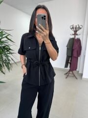 Art 4007 Bel Büzgülü Kısa Kollu Tensel Siyah Takım