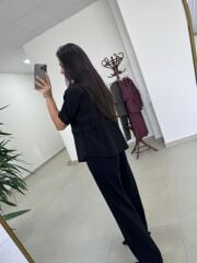 Art 4007 Bel Büzgülü Kısa Kollu Tensel Siyah Takım