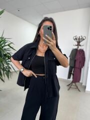 Art 4007 Bel Büzgülü Kısa Kollu Tensel Siyah Takım