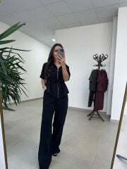 Art 4007 Bel Büzgülü Kısa Kollu Tensel Siyah Takım