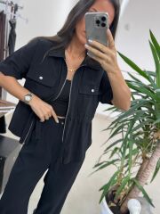 Art 4007 Bel Büzgülü Kısa Kollu Tensel Siyah Takım