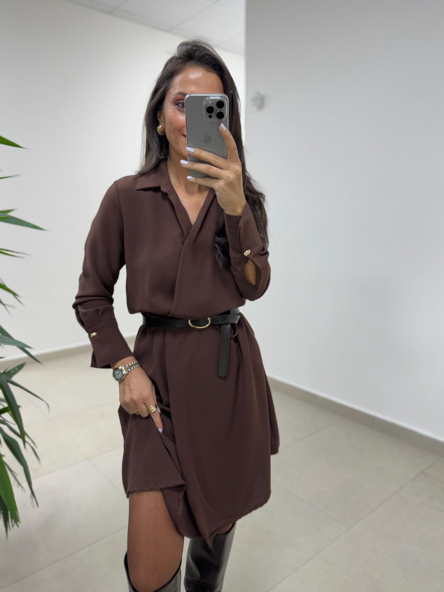 Ms 2136 Kahve Kruvaze Gömlek Yaka Elbise