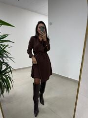 Ms 2136 Kahve Kruvaze Gömlek Yaka Elbise