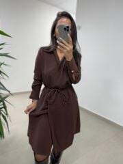 Ms 2136 Kahve Kruvaze Gömlek Yaka Elbise