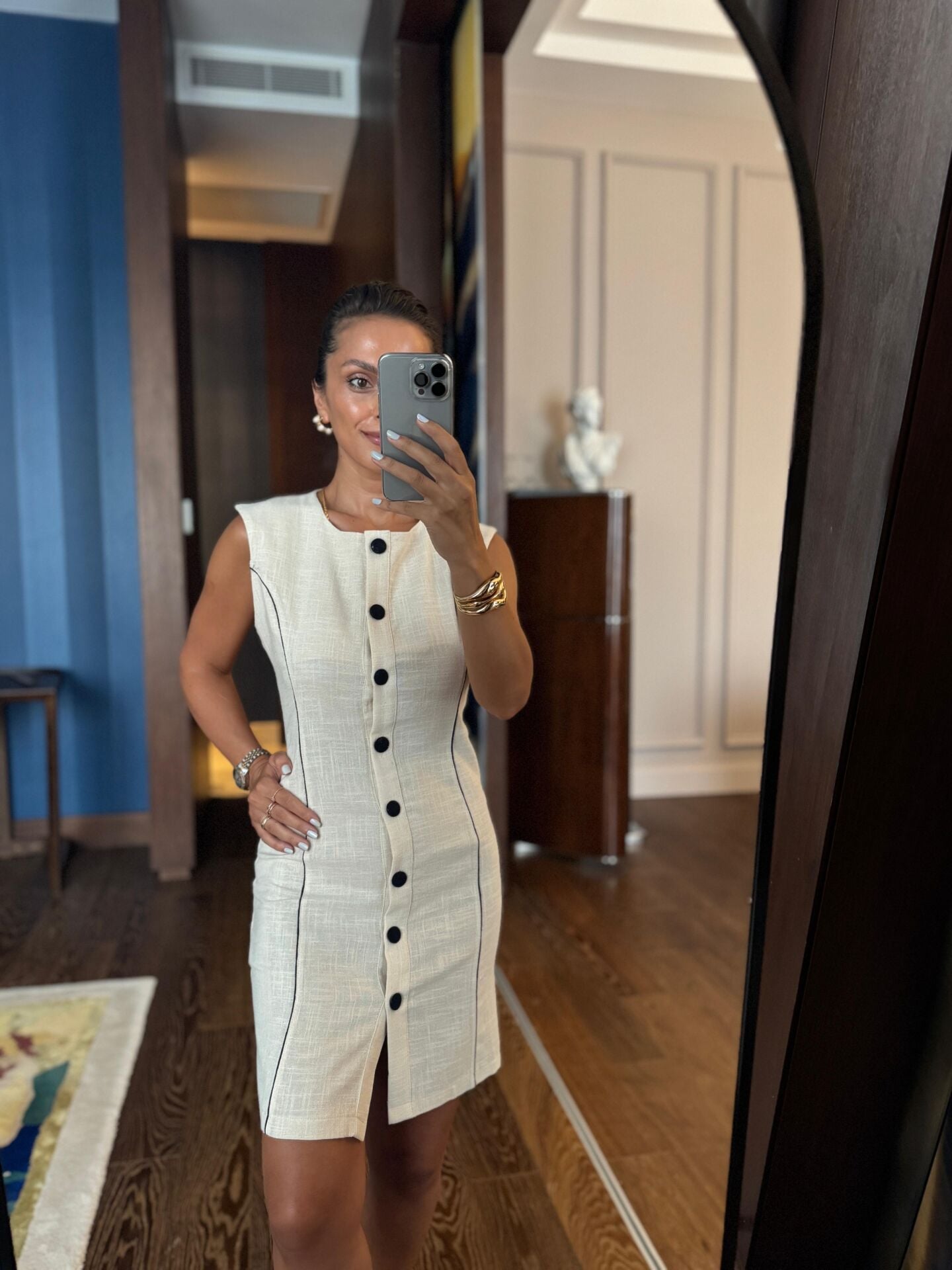 Np 6024 Siyah Biye Geçişli Keten Elbise