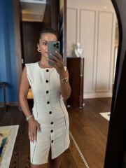 Np 6024 Siyah Biye Geçişli Keten Elbise