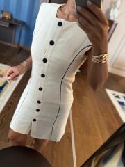 Np 6024 Siyah Biye Geçişli Keten Elbise