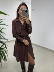 Ms 2136 Kahve Kruvaze Gömlek Yaka Elbise