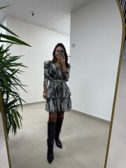 My 3357 Kemerli Antrasit Şifon Elbise