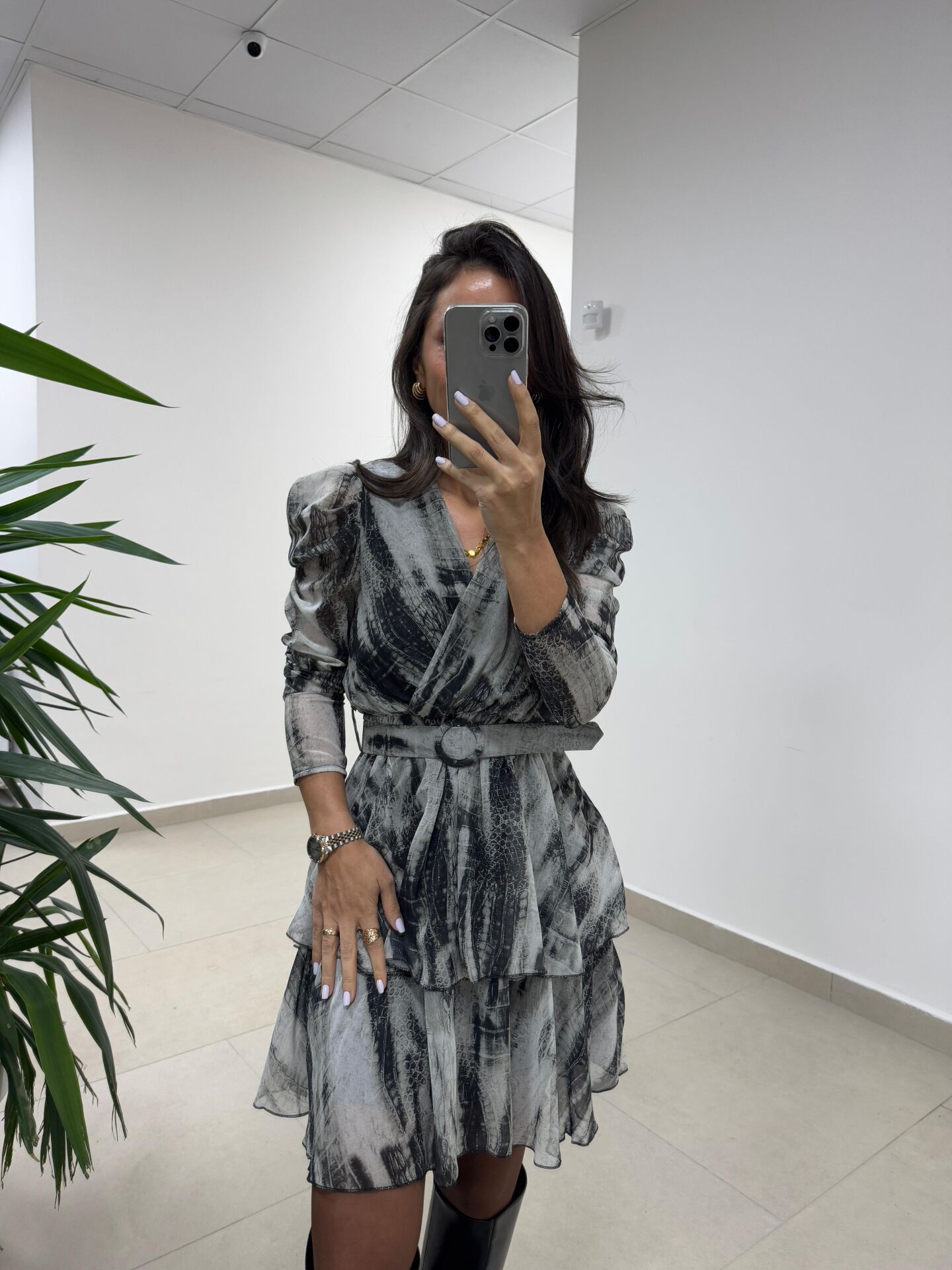 My 3357 Kemerli Antrasit Şifon Elbise