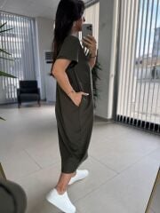 Dr 2597 Tasarım Haki Parça Dikişli Sweat Elbise