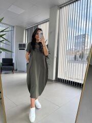 Dr 2597 Tasarım Haki Parça Dikişli Sweat Elbise