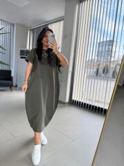 Dr 2597 Tasarım Haki Parça Dikişli Sweat Elbise