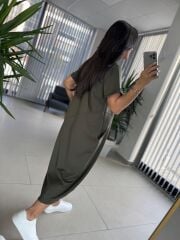 Dr 2597 Tasarım Haki Parça Dikişli Sweat Elbise