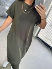 Dr 2597 Tasarım Haki Parça Dikişli Sweat Elbise