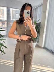 Fw 0375 Haki Gold Düğmeli Yelekli Takım