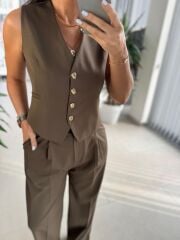 Fw 0375 Haki Gold Düğmeli Yelekli Takım