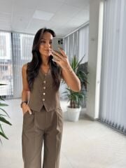 Fw 0375 Haki Gold Düğmeli Yelekli Takım