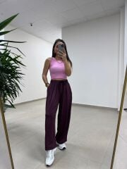 İv 0282 Paça Düğmeli Jakarlı Mürdüm Pantolon