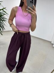 İv 0282 Paça Düğmeli Jakarlı Mürdüm Pantolon