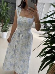 My 3997 Soft Mavi Floral Midi Elbise