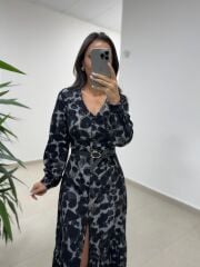 Ms 212 Gri-Siyah V Yaka Düğme Detaylı Gömlek Elbise