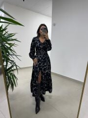 Ms 212 Gri-Siyah V Yaka Düğme Detaylı Gömlek Elbise