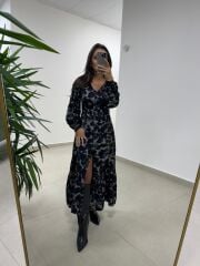 Ms 212 Gri-Siyah V Yaka Düğme Detaylı Gömlek Elbise