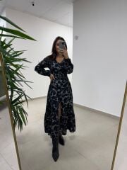 Ms 212 Gri-Siyah V Yaka Düğme Detaylı Gömlek Elbise