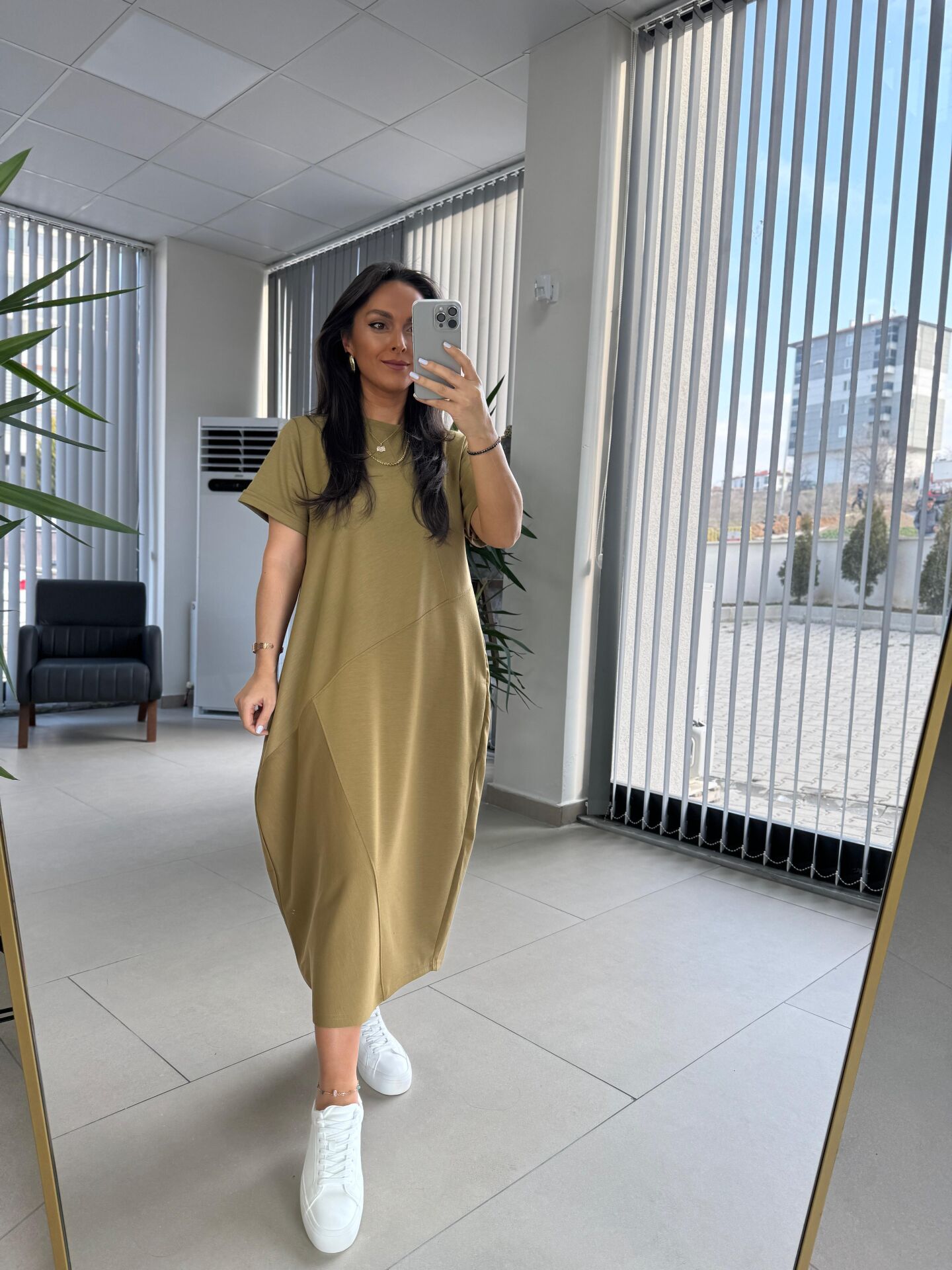 Dr 2597 Tasarım Oil Yeşili Parça Dikişli Sweat Elbise