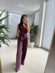 Fw 0375 Mürdüm Gold Düğmeli Yelekli Takım