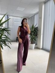 Fw 0375 Mürdüm Gold Düğmeli Yelekli Takım