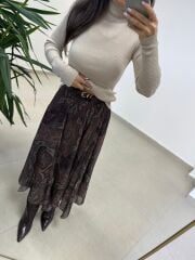 Ms 9576 Kahve Şal Desen Şifon Etek