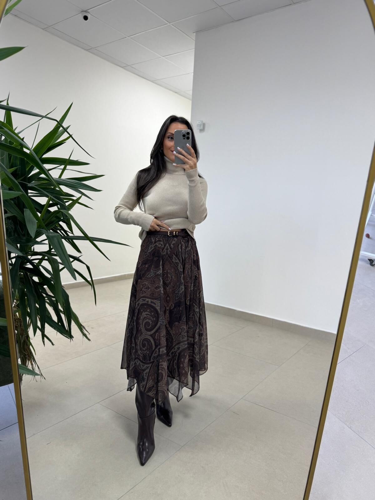 Ms 9576 Kahve Şal Desen Şifon Etek