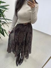 Ms 9576 Kahve Şal Desen Şifon Etek