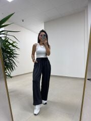 İv 0282 Paça Düğmeli Jakarlı Siyah Pantolon