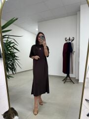 Bh 09512 Figür Detaylı Modal Kahve Midi Elbise