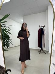 Bh 09512 Figür Detaylı Modal Kahve Midi Elbise