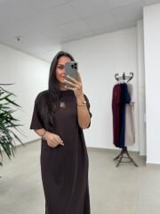 Bh 09512 Figür Detaylı Modal Kahve Midi Elbise