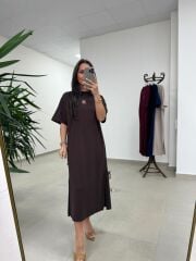 Bh 09512 Figür Detaylı Modal Kahve Midi Elbise