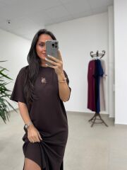 Bh 09512 Figür Detaylı Modal Kahve Midi Elbise