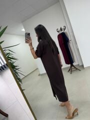 Bh 09512 Figür Detaylı Modal Kahve Midi Elbise