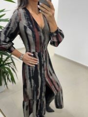 Ms 212 Kızıl-Siyah V Yaka Düğme Detaylı Gömlek Elbise