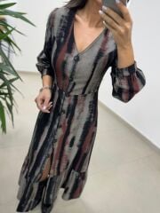 Ms 212 Kızıl-Siyah V Yaka Düğme Detaylı Gömlek Elbise